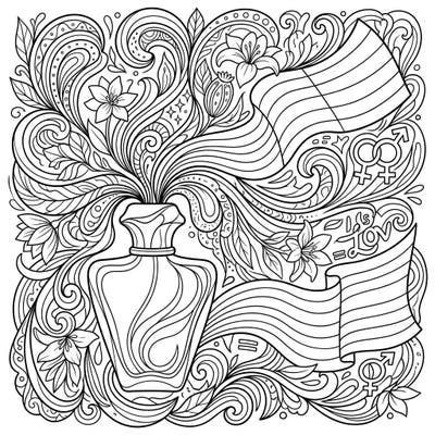 Immerse yourself in this unique coloring page that beautifully intertwines the sophisticated essence of musky fragrances with the vibrant, celebratory spirit of Pride. Discover a richly detailed design featuring a central perfume bottle surrounded by elegant swirls, flowers, and powerful symbols of love and diversity.