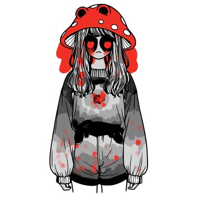a realistic girl with a frog hat and baggy mushroom shirt