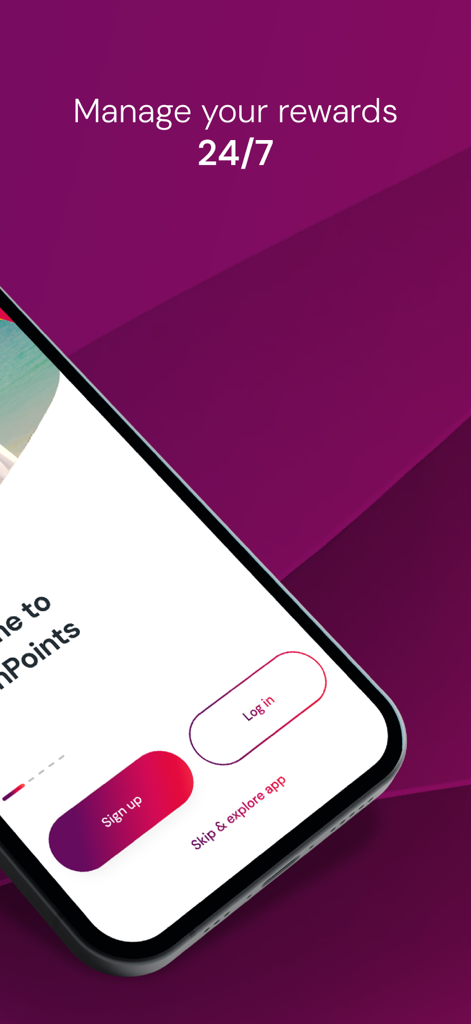 TouchPoints – Loyalty App - Pantalla de bienvenida de la aplicación de lealtad ADCB TouchPoints que muestra opciones para registrarse y gestionar recompensas las 24 horas del día, los 7 días de la semana