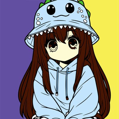 girl with anime shaped eyes with a dinosaur bucket hat oversized sweatshirt long straight hair