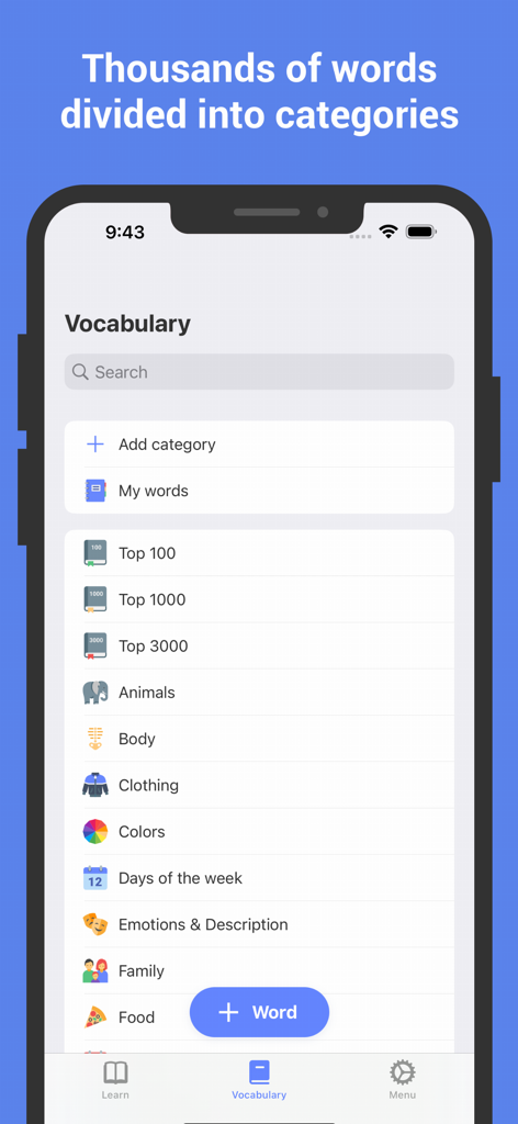 A list of French vocabulary categories including animals body and clothing in a flashcard app