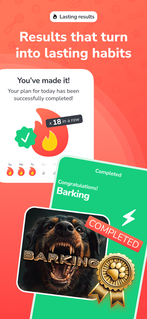 PawChamp - Dog Training & Care - A screen from the PawChamp app showing an 18-day training streak and a completed barking control module with a gold medal award.