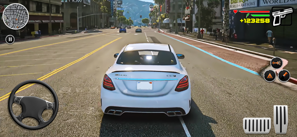 Car Driving Car Simulator Game - Rear view of a white luxury car driving on a city street in a mobile simulation game
