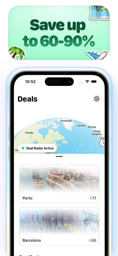 Farely - Farely mobile app interface showing cheap flight deals for Porto and Barcelona with a world map radar.