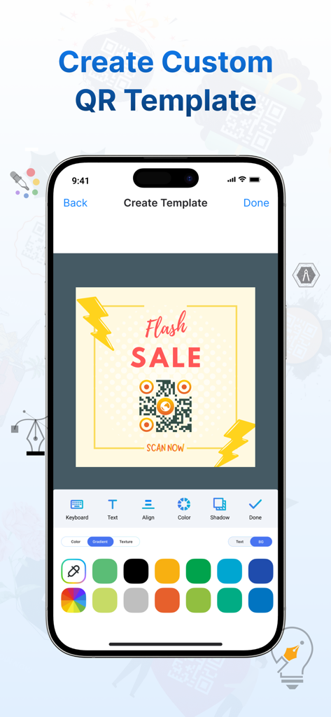 QR Maker: QR Creator & Scanner - A mobile app interface showing tools to design a custom QR code template for a flash sale with branding options