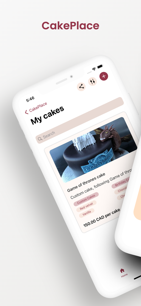 CakePlace - Mobile app screen showing a baker's custom cake portfolio with pricing and details.