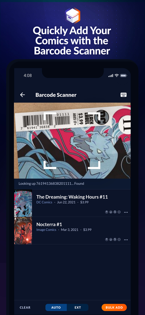 Die Barcode-Scanner-Oberfläche der Comic Geeks App scannt einen Comic, um ihn zu katalogisieren.