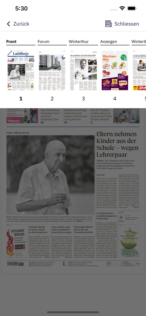 Digital interface of the Der Landbote E-Paper app showing a classic newspaper layout on a smartphone.