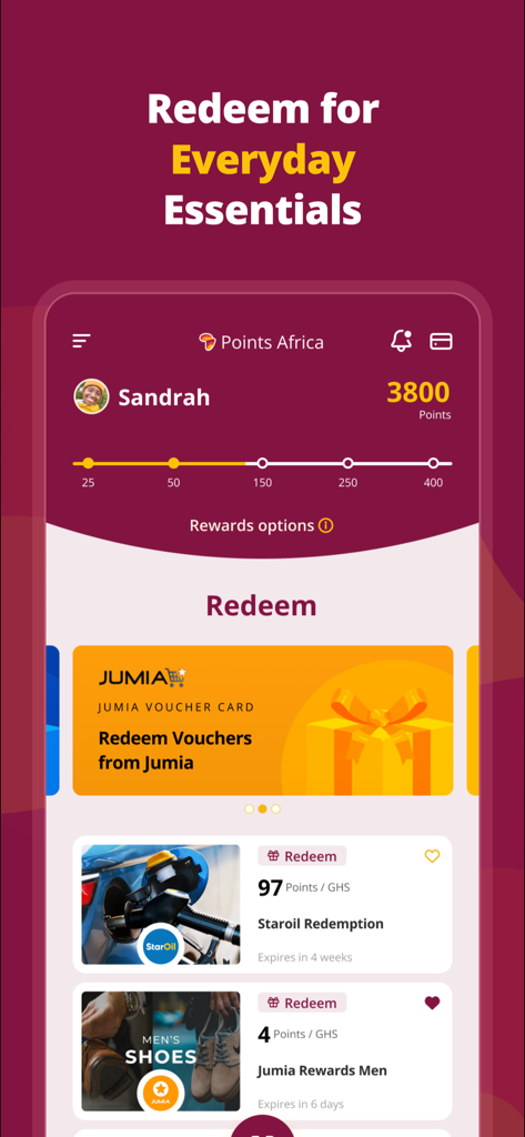 Points Africa - Points Africa mobile app screen for redeeming loyalty points for shopping vouchers and fuel