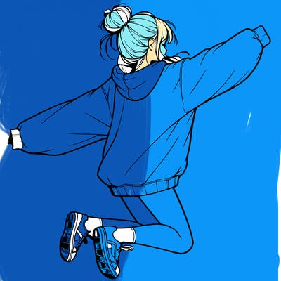realistic girl jumping with a bun and oversized sweatshirt