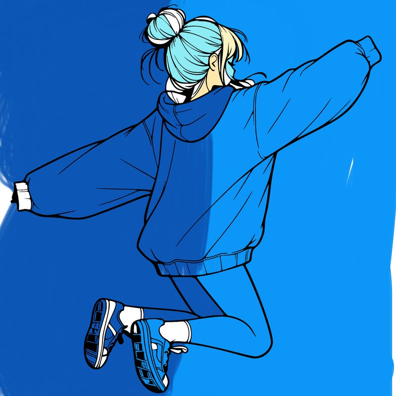 realistic girl jumping with a bun and oversized sweatshirt