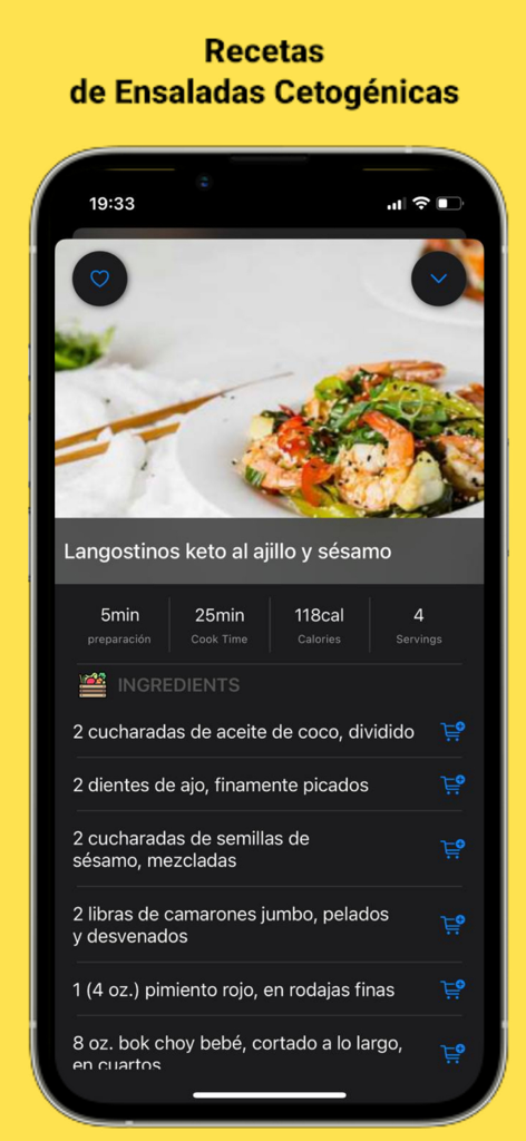 Pantalla de la aplicación de recetas keto que muestra ingredientes de camarones al ajillo e información nutricional en español