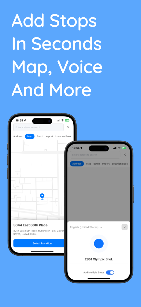 Loop Route Planner - Loop Route Planner app screens demonstrating quick delivery stop entry using map selection and voice recognition