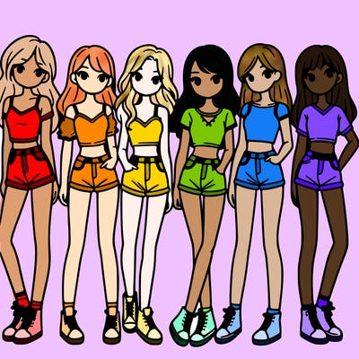a group of girls wearing crop tops and shorts