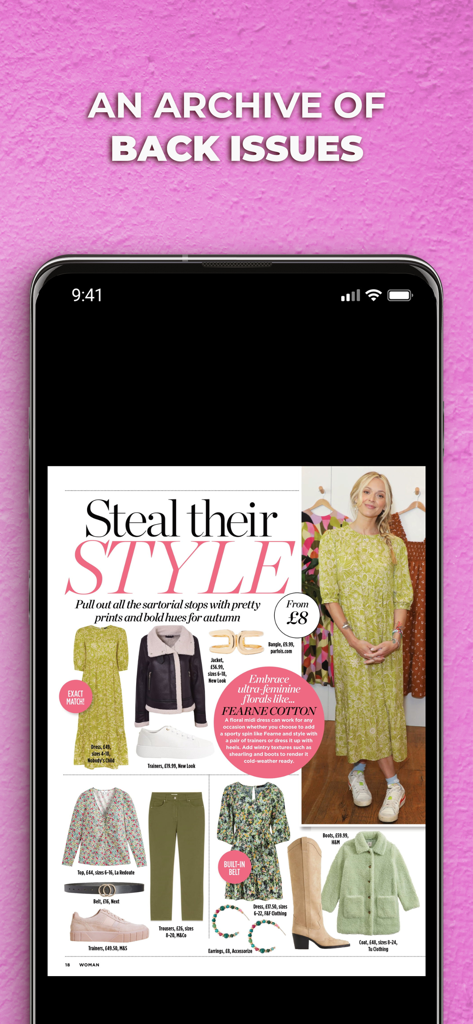 Woman Magazine - Captura de pantalla de la aplicación Woman Magazine que muestra una sección de moda llamada Roba su Estilo con tendencias de ropa de otoño