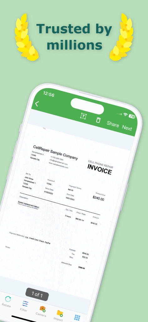 Docutain app interface showing a scanned business invoice on a smartphone screen