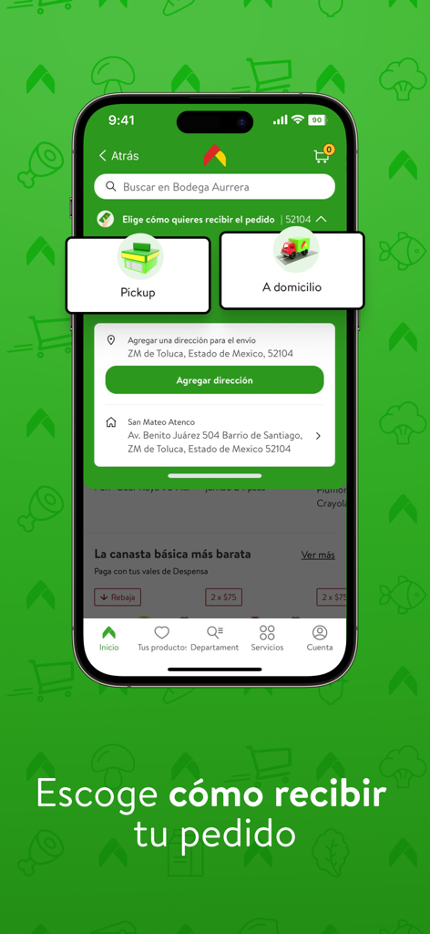 Interface of the Bodega Aurrera app to choose between store pickup and home delivery options