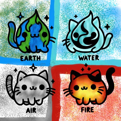 4 cats that represent the different elements, earth, water, air, and fire