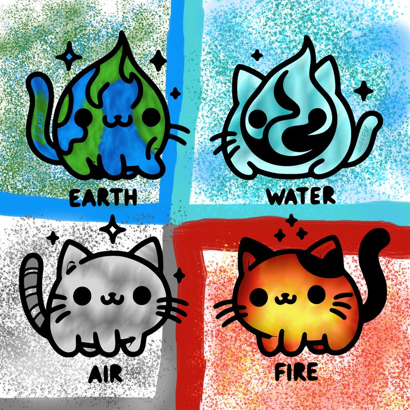 4 cats that represent the different elements, earth, water, air, and fire