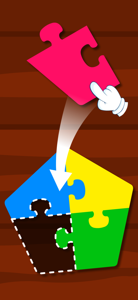 Una mano di bambino che trascina un pezzo di puzzle rosa in una forma colorata in un gioco di smistamento per bambini