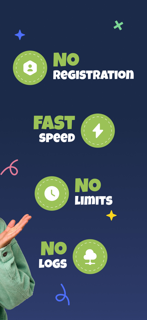 VPN Mexico - Fast & Private - Infographic showing key benefits of VPN Mexico including no registration fast speed no limits and no logs