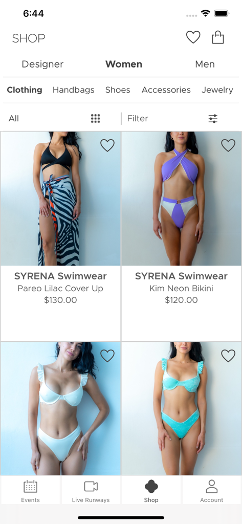 A display of SYRENA swimwear on the Runway Buy app shop page