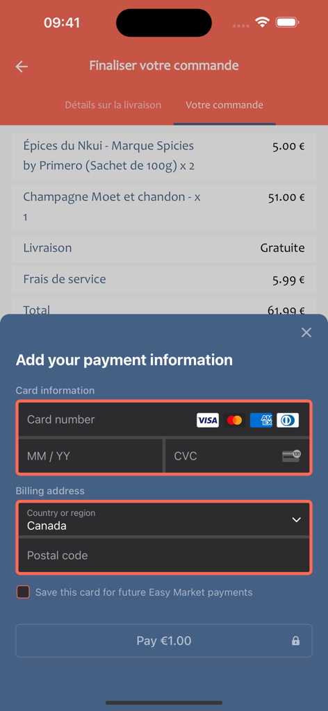 Easy Market - Secure payment information entry on the Easy Market app checkout screen