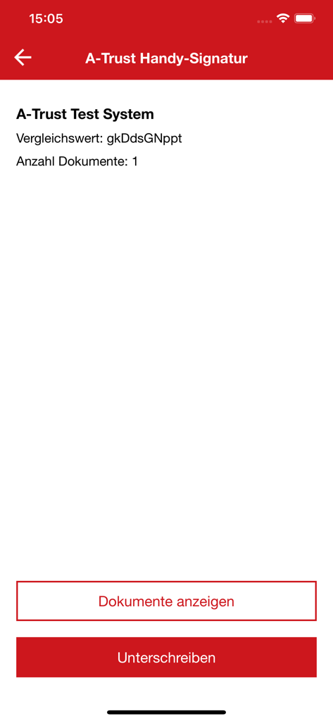 Interfaccia dell'app A-Trust Signatur che mostra le opzioni per visualizzare e firmare documenti digitali.