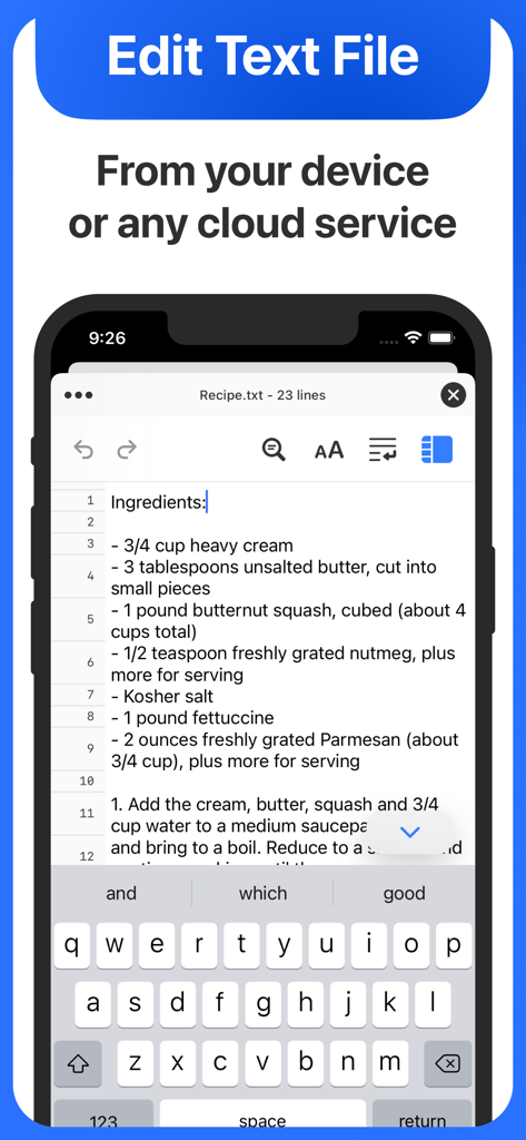Mobile interface of the Text Editor app showing a recipe text file being edited on a smartphone.