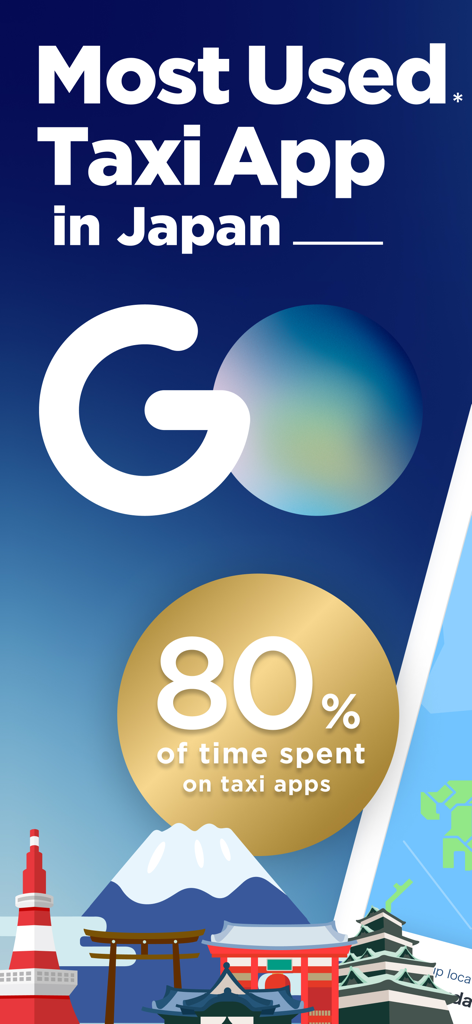 Promotional graphic for the GO taxi app in Japan showing it is the most used taxi app with 80 percent market share.