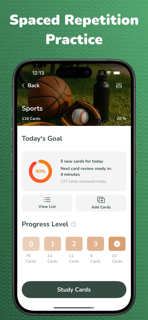 Vocabulary Flashcards: Vocabu - Vocabu mobile app screen showing spaced repetition practice progress for a sports vocabulary collection including daily goals and learning levels