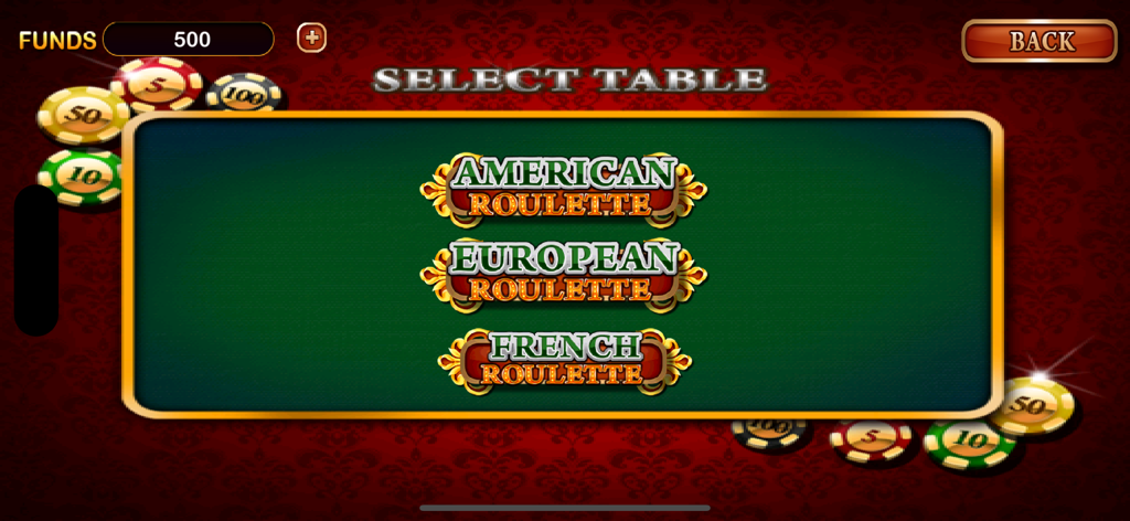 Roulette Fun - Selection screen for American European and French roulette tables