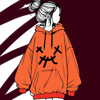 realistic girl with a oversized sweatshirt on and a bun