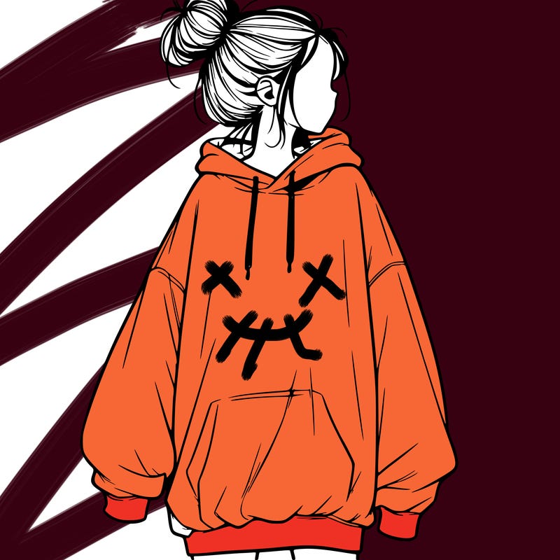 realistic girl with a oversized sweatshirt on and a bun