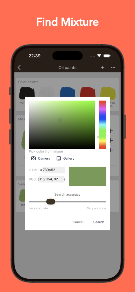 Real Color Mixer app interface showing the Find Mixture tool with a color picker and search accuracy settings