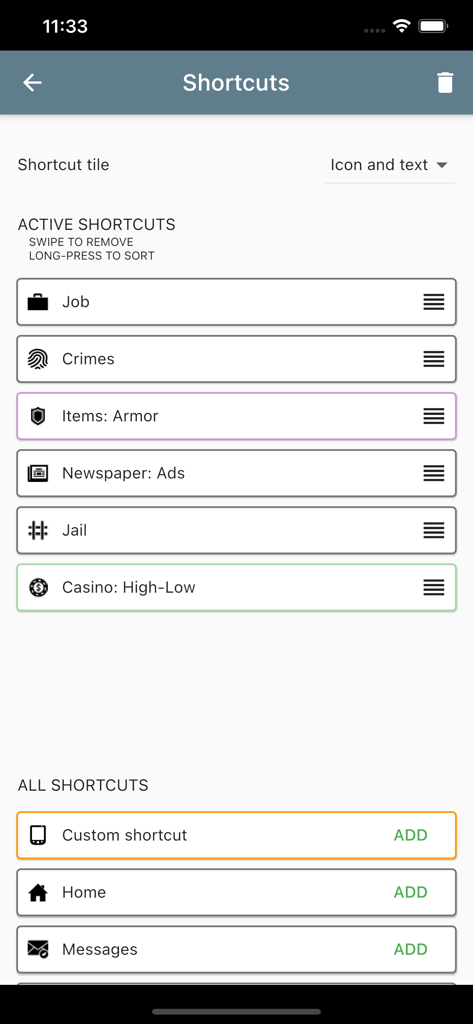 Torn PDA - Torn PDA app screen showing active and available shortcuts for quick navigation in Torn City.