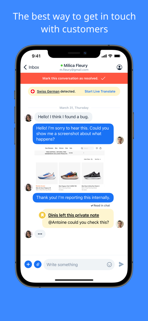 Crisp mobile app interface showing a customer support conversation with live translation and private team notes