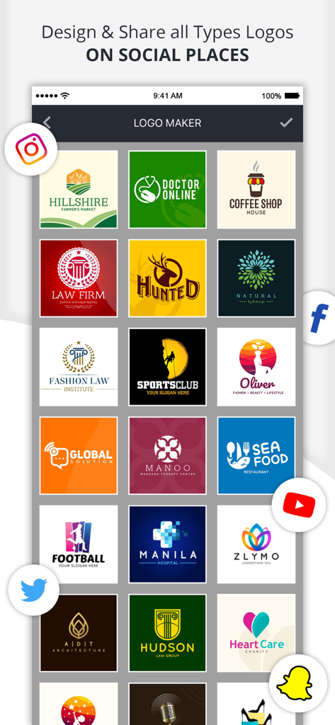 Ace Logo Maker - Eine Vielzahl von professionellen Logo-Vorlagen für Social-Media-Plattformen, angezeigt in der Ace Logo Maker App.
