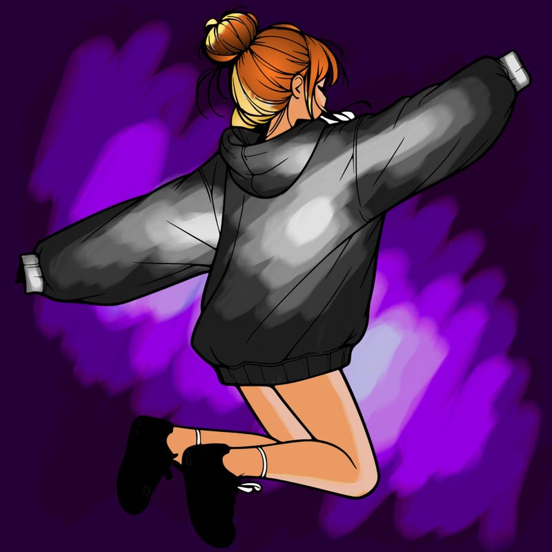realistic girl jumping with a bun and oversized sweatshirt