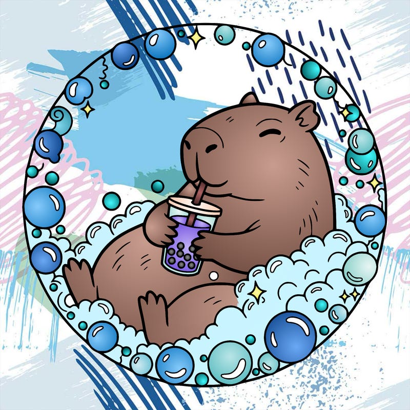 a cute capybara is relaxing in a bubble bath and drinking a delicious drink. create your own style, choose colors, and make her mood chill and cozy. 🧋🛁✨