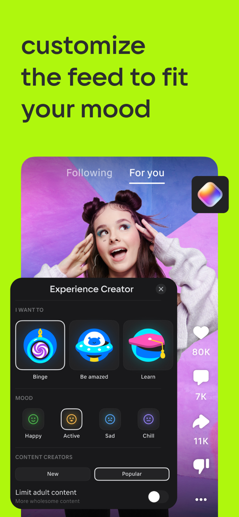 VK Clips: short videos - VK Clipsのモバイルインターフェースが、気分や目標に基づいて動画フィードをカスタマイズするための「エクスペリエンスクリエイター」メニューを表示
