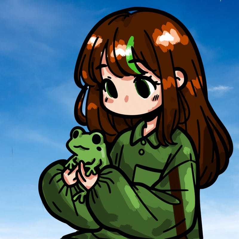 girl with long hair and a oversized shirt. and she is holding a frog