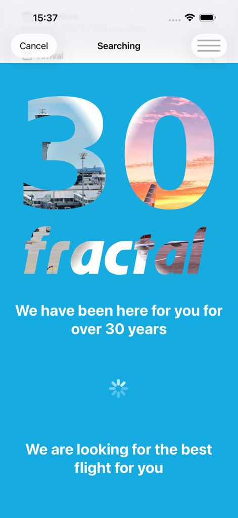 AirTickets: Quick Booking - Tela de busca de voos do aplicativo AirTickets mostrando uma animação de carregamento e uma mensagem celebrando mais de 30 anos de serviço