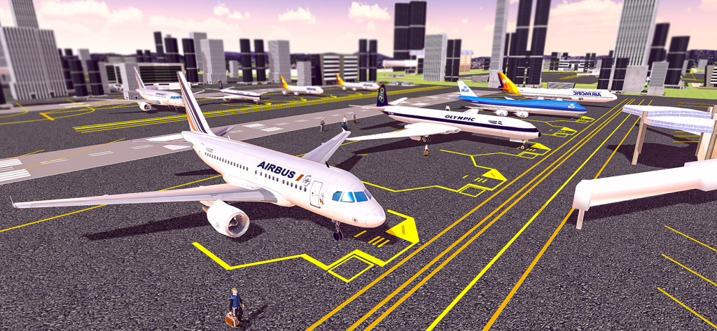 Several 3D airplanes parked at an airport terminal in a flight simulator game