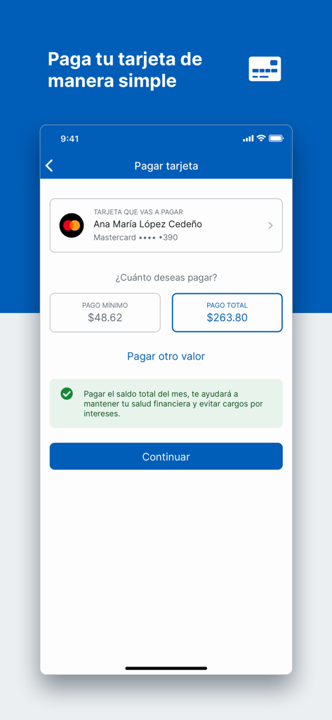 Banco del Pacífico - Interfaz de la aplicación móvil de Banco del Pacífico mostrando opciones de pago de tarjetas de crédito para una cuenta Mastercard.