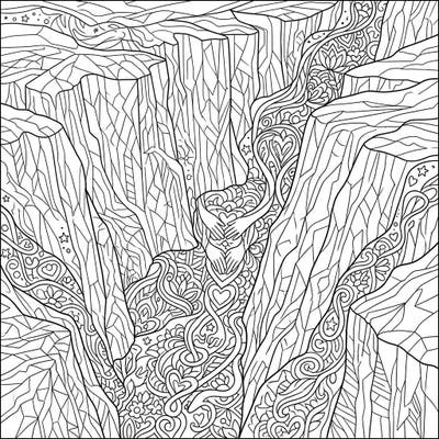 Explore the depths of creativity with this intricate adult coloring page, featuring majestic crevasses interwoven with symbols of Pride. Perfect for a mindful coloring experience celebrating love, diversity, and community.