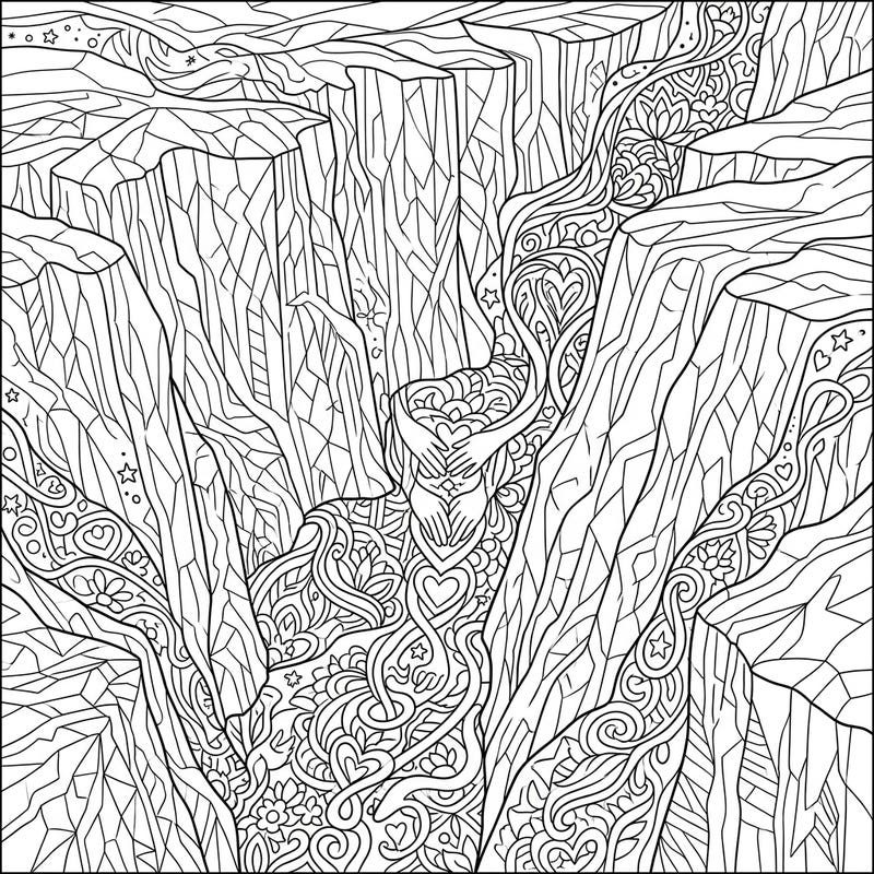 Explore the depths of creativity with this intricate adult coloring page, featuring majestic crevasses interwoven with symbols of Pride. Perfect for a mindful coloring experience celebrating love, diversity, and community.