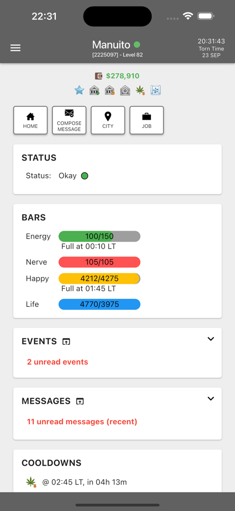 Interfaz de la aplicación móvil Torn City que muestra estadísticas del jugador y barras de energía