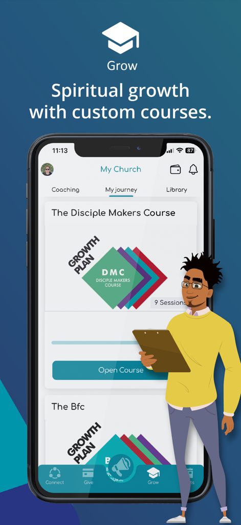 Avance - Smartphone displaying church community app with spiritual growth courses interface