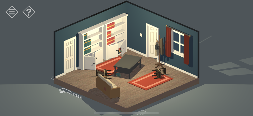 Vue isométrique 3D d'une pièce avec des meubles et des indices dans Tiny Room Story Town Mystery